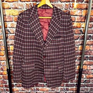 Vintage Boston Store Men's Checkered Blazer maroon Red and Black 40R vent MCM